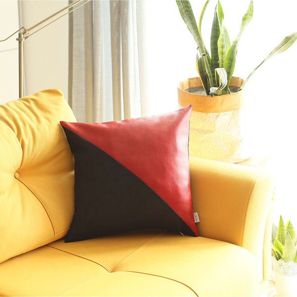 Slanted Black and Red Faux Leather Throw Pillow