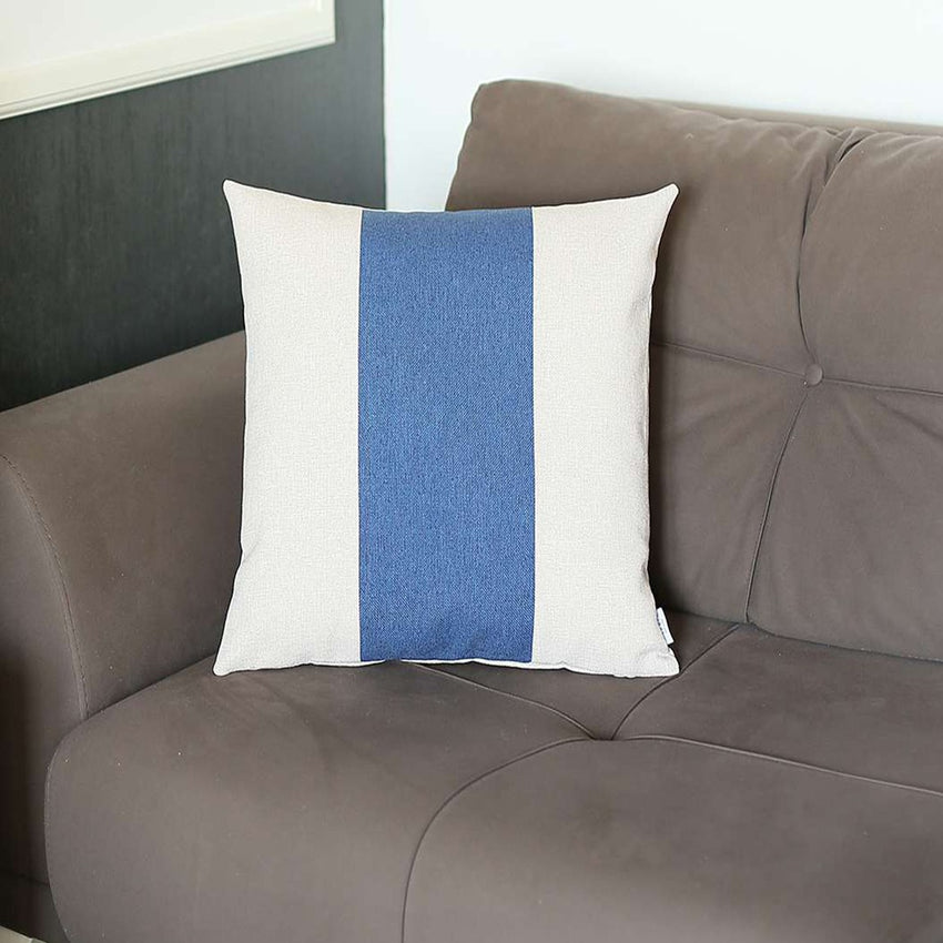 White and Blue Centered Strap Throw Pillow