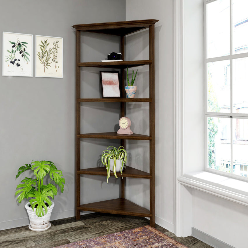 Walnut Five Tier Solid Wood Corner Bookcase