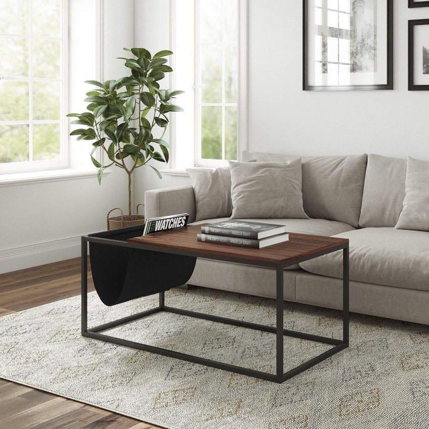 Modern Geo Black and Walnut Sofa Table with Magazine Holder