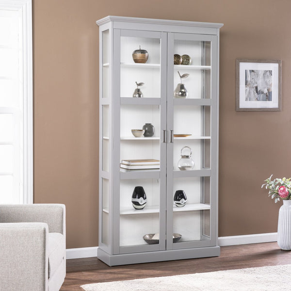 Gray Cornice Molding Double Door Curio Cabinet