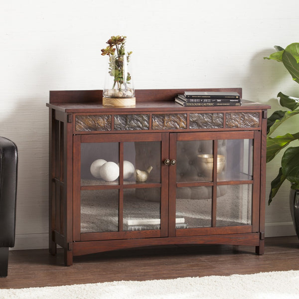 Earthy Mission Style Wood Slate and Glass Low Curio