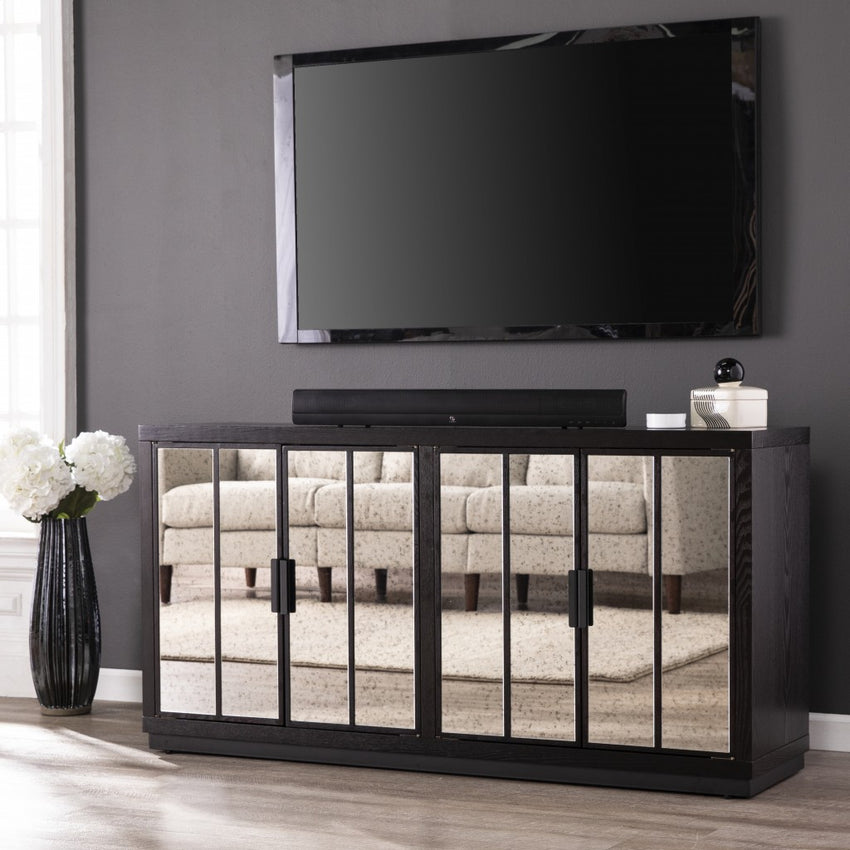 Dramatic Glam Black and Mirror Four Door Storage Cabinet