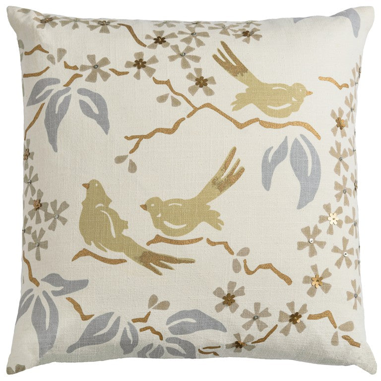 Khaki White Birds and Leaves Down Throw Pillow