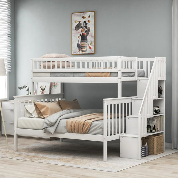 White Twin Over Full Farmhouse Style Bunk Bed with Staircase