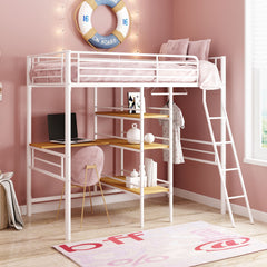 White Twin Size Metal Loft Bed with Built in Wooden Shelves and Desk