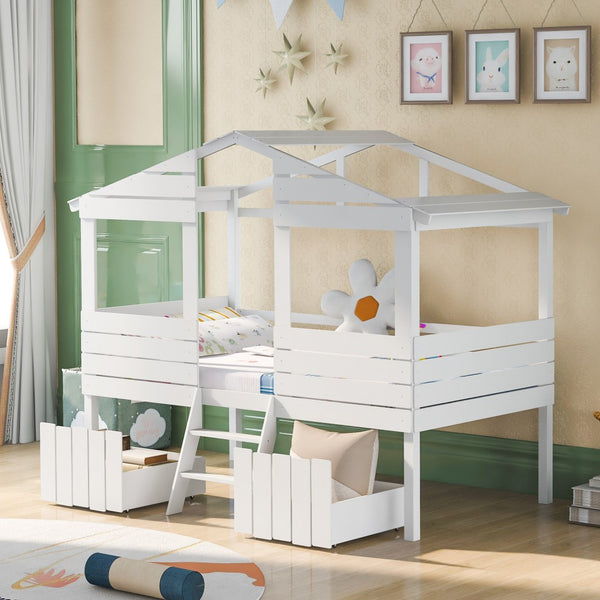 White Twin Size Loft Bed with Play House Roof and Two Drawers