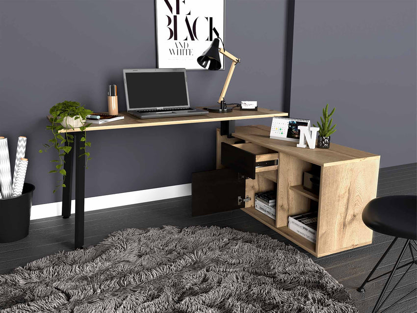 Light Oak and Black L Shaped Computer Desk