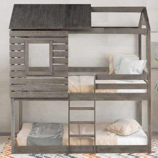 Antique Gray Twin Over Twin Bunk Bed with Roof