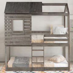 Antique Gray Twin Over Twin Bunk Bed with Roof