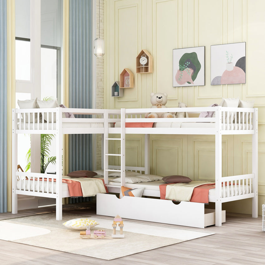 White Twin Size L Shaped Double Bunk Bed with Drawer