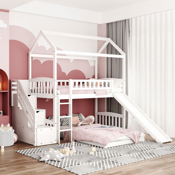 White Twin Over Twin PlayHouse Perpendicular Bunk Bed with Slide