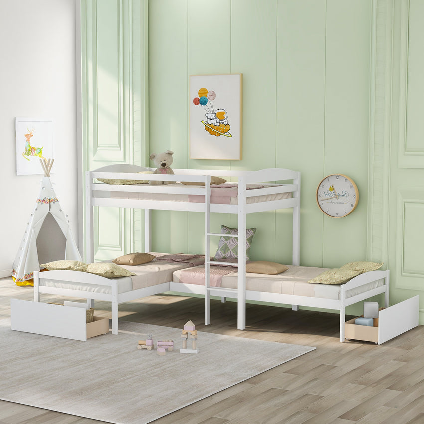 White L Shaped Triple Bunk Bed with Drawers