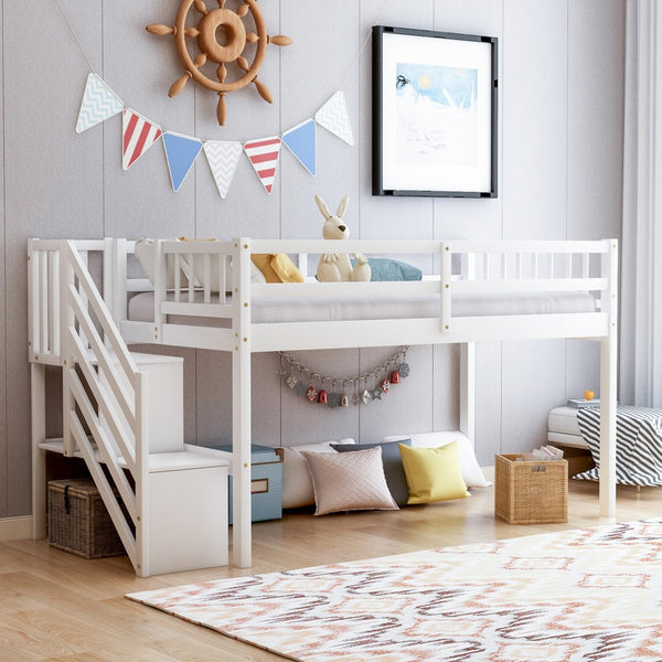 White Twin Size Low Loft Bed With Ladder