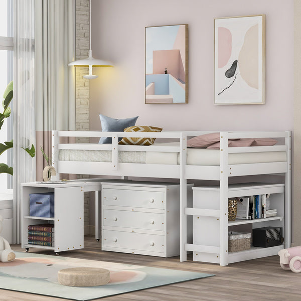 White Twin Size Low Loft Bed with Desk and Dresser