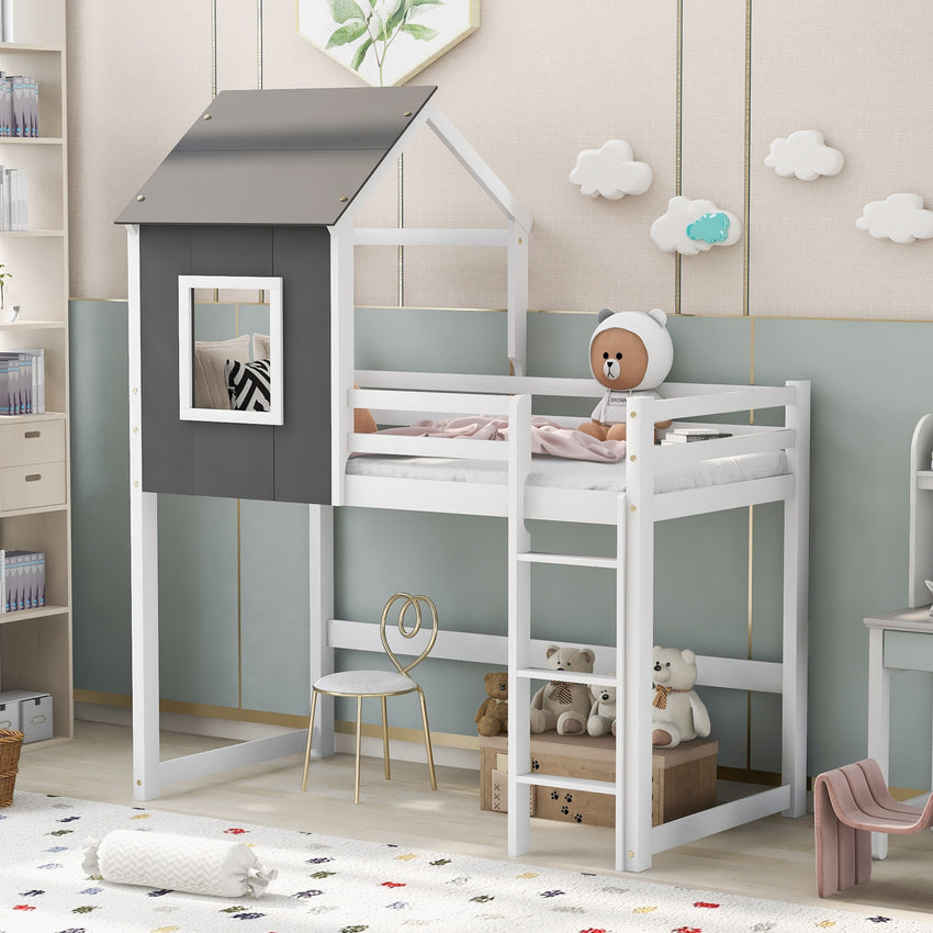 Gray and White Twin Size Loft Bed with House Roof and Window