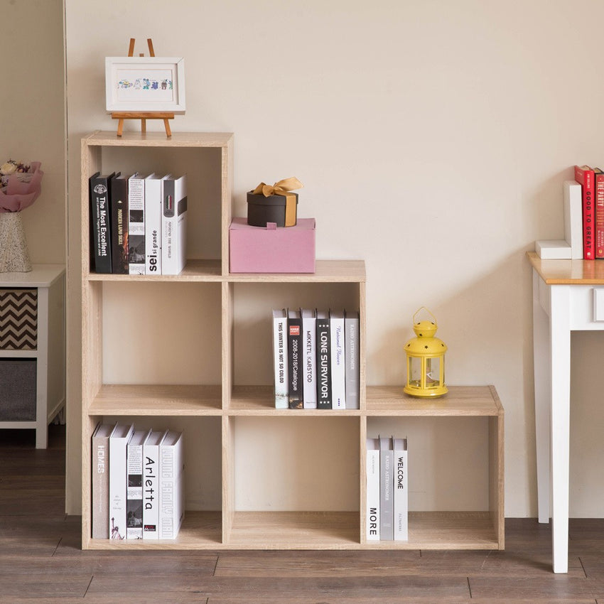 Classic Natural Finish Six Cubby Stepped Bookcase