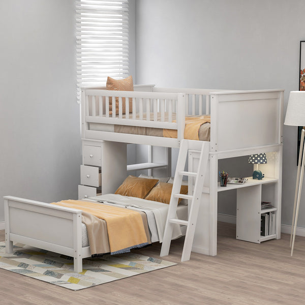 White Twin Over Twin Size Bed with Shelves and Drawers