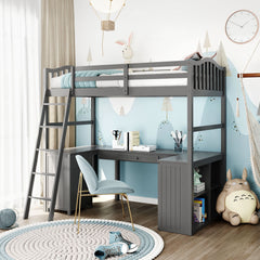 Modern Classic Gray Twin Loft Bed with Book Shelf  Desk and Cabinet