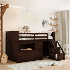 Brown Twin Size Low Loft Bed With Portable Desk