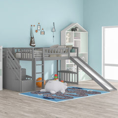 Gray Twin Size Stairway Loft Bed With Slide