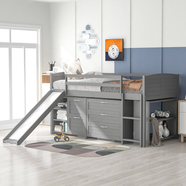 Gray Twin Size Low Loft Bed With Cabinets and Slide