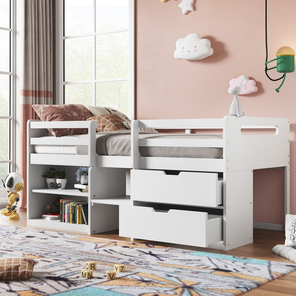 White Twin Size Low Loft Bed With Shelves and Drawers