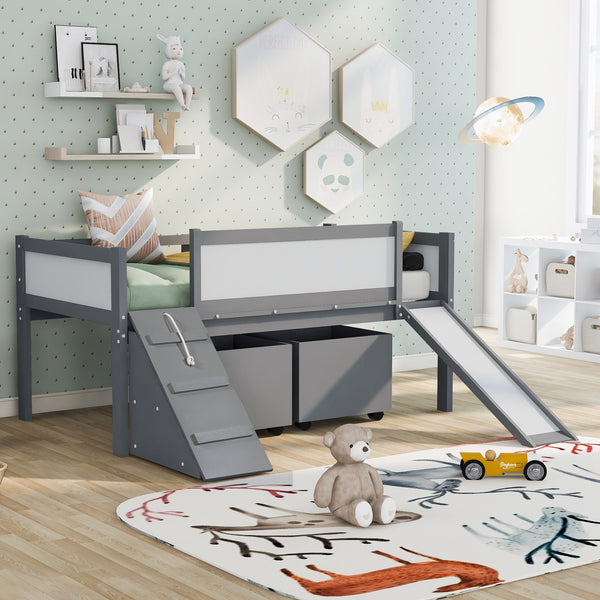 Gray Twin Size Low Slide Loft Bed With Storage Boxes