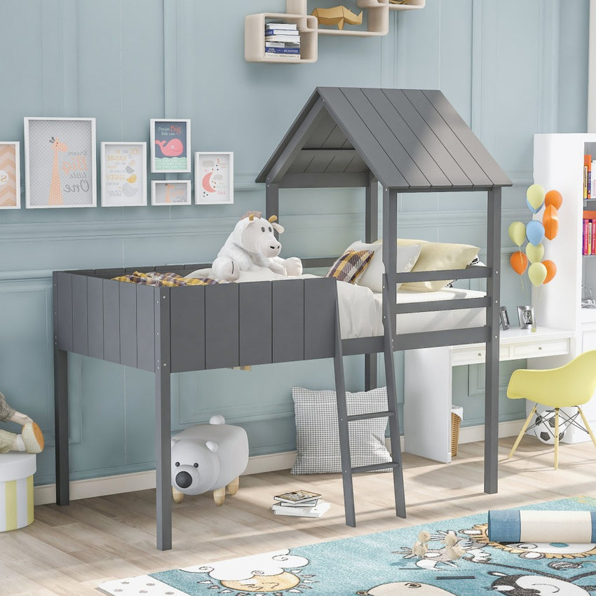 Playhouse Gray Twin Size Loft Bed with Roof