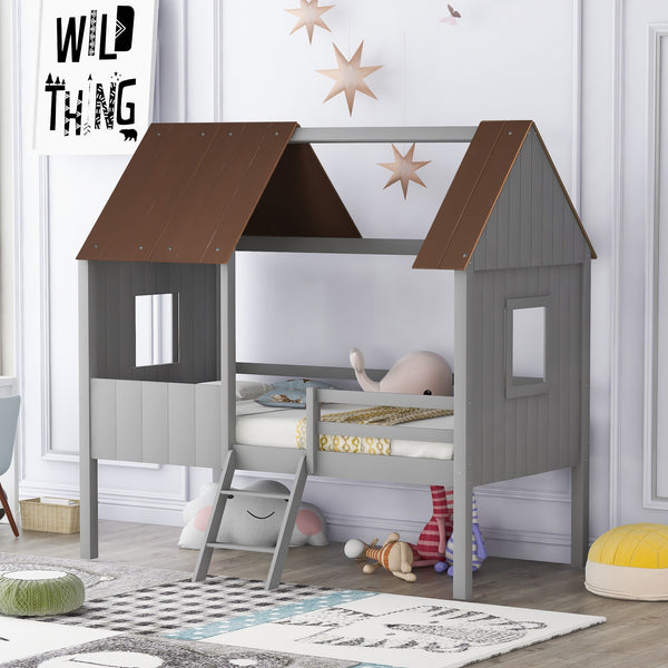 Playhouse with Windows and Partial Roof Antique Gray Twin Size Loft Bed