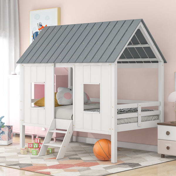 Playhouse with Windows and Roof White Twin Size Low Loft Bed