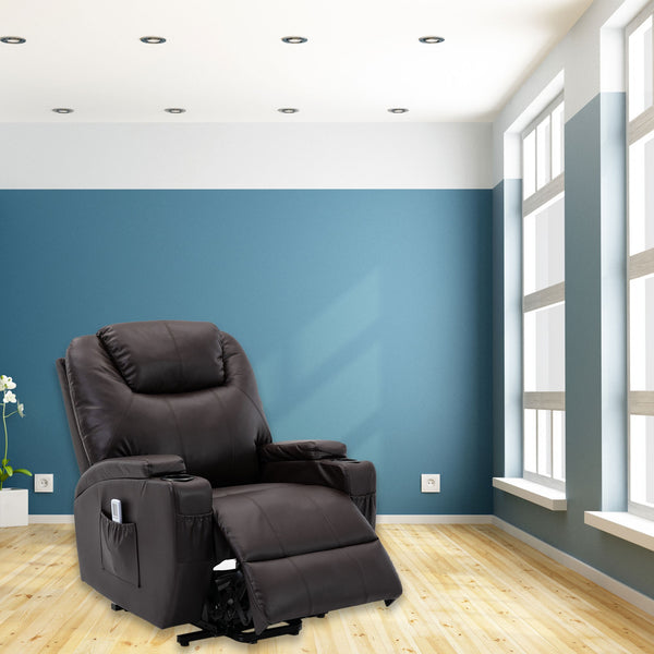 Power Lift Brown Faux Leather Recliner Chair with Massage and Heat