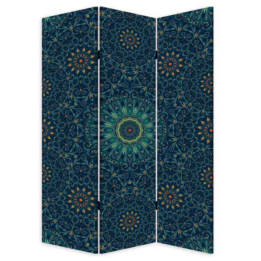 Blue Boho Mandala Three Panel Room Divider Screen