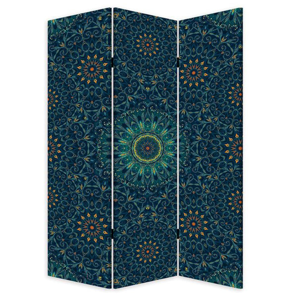 Blue Boho Mandala Three Panel Room Divider Screen