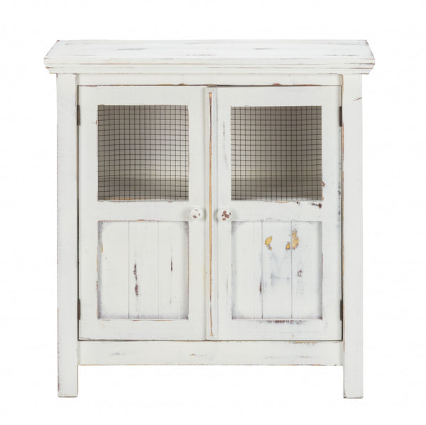 Rustic White Wood and Wire Two Door Accent Cabinet