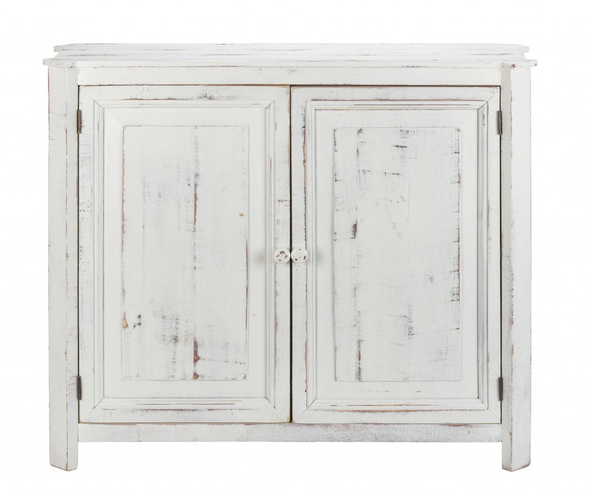 Distressed White Wooden Two Door Accent Cabinet