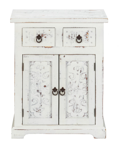 Distressed White Wooden Carved 2 Door and 2 Drawer Cabinet