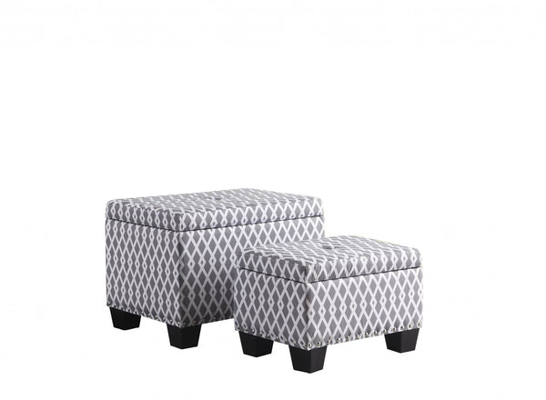 Set of Two Gray and White Diamonds Storage Ottomans