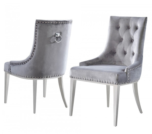 Set of Two Grey Velvet Tufted Dining Chairs