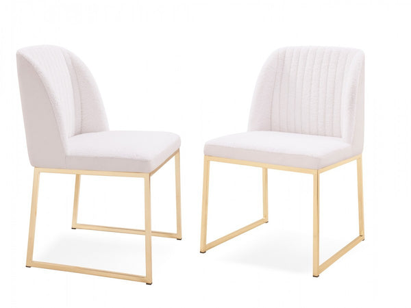 Set of Two White Gold  Faux Leather Fabric Dining Chairs