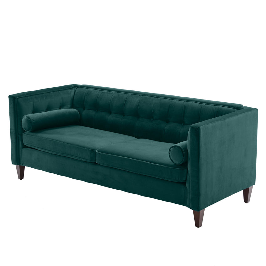 Teal Velvet Upholstered Sofa with Bolster Pillows