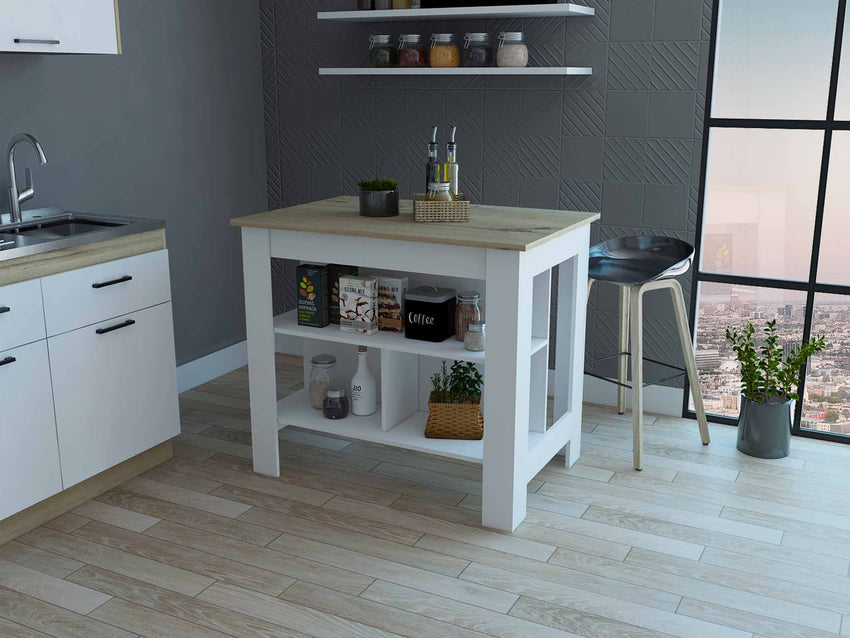 Light Oak and White Kitchen Island with Three Storage Shelves