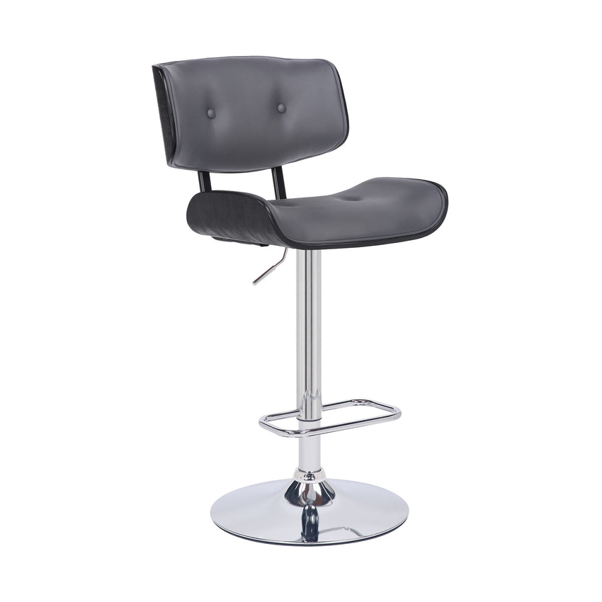 Adjustable Gray Tufted Faux Leather Black and Chrome Swivel Barstool.