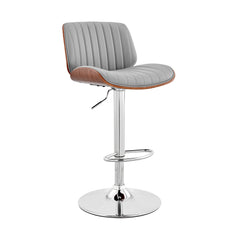 Adjustable Gray Faux Leather Chrome and Walnut Bar Stool