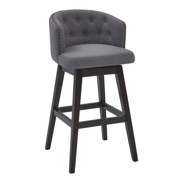 26" Grey Tufted Fabric and Dark Espresso Wood Swivel Bar Stool